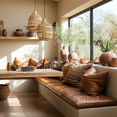 a living room filled with lots of furniture next to a large window covered in wicker baskets