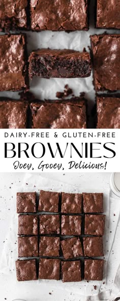 chocolate brownies are stacked on top of each other with the words, dairy - free and glutenfree brownies over them