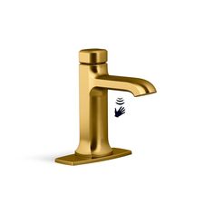 a gold faucet with the water running from it's spouter