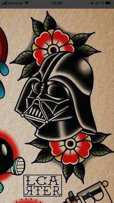 some tattoos on the back of a cell phone with an image of darth vader