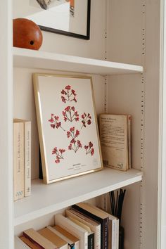 a book shelf with some books on it and a framed flower print in the middle