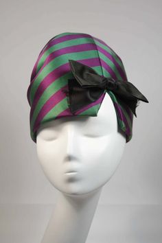 For Sale on 1stDibs - This Yves Saint Laurent Rive Gauche hat is composed of a purple and green striped silk. The hat features a rouched detail and bow. In excellent vintage Bow Image, Head Scarfs, Bows For Sale, Hat With Bow, Types Of Hats, Sewing Things, Church Hat