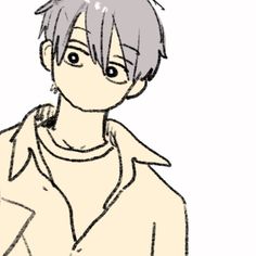 a drawing of an anime character with grey hair and blue eyes, wearing a white shirt