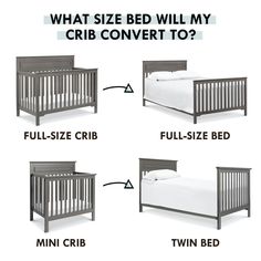 four different types of cribs with the names and measurements for each bed, which is