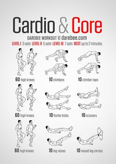 the cardio and core workout poster shows how to do an exercise with one hand