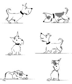 four different dogs are shown in black and white