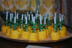 there are many small desserts on the plate with candles in them and green decorations