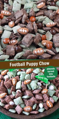 a bowl filled with football puppy chow next to another bowl full of dog chow