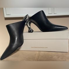 Brand New! Beautiful And Trendy Black Leather Mules With Snake Skin Embossed Heel. Size 11m Chic Leather Heels With Metal Feet, Faux Leather Slip-on Evening Heels, Black Leather Mules, Size 11 Heels, Marc Fisher, Leather Mules, Snake Skin, Shoes Women Heels, Shoes Heels