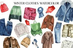 watercolor winter clothes and accessories are shown