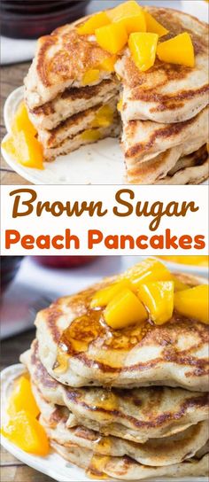 brown sugar peach pancakes are stacked on top of each other