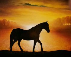 a painting of a horse walking in the sunset