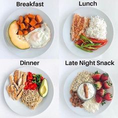 four plates with different types of food on them, including eggs, rice and vegetables