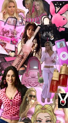 the collage has many different pictures of women in pink and white outfits, including one with