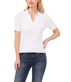 From CeCe&#x2C; this blouse features:V-neckline Short sleeves Collared Ribbed detailRayon/nylon/polyesterHand wash cold&#x2C; lay flat to dry Imported. Johnny Collar, Ultra White, Ribbed Shorts, Polo Sweater, Dillard's, Sweater Blouse, Short Sleeve Polo, Dressed Down, Simple Dresses