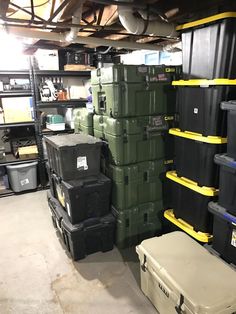 several storage bins and boxes in a warehouse