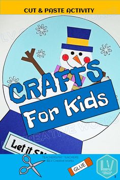 craft's for kids cut and paste activity book with snowman on blue background