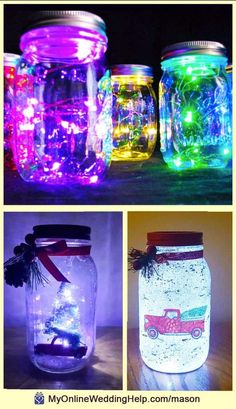 three mason jars with lights in them and the lids are decorated to look like christmas trees