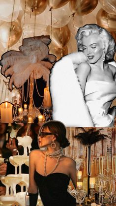 a collage of photos with balloons, chandeliers and woman in black dress