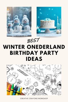 a birthday party flyer with two snowmen in front of it and the words winter onederland birthday party ideas