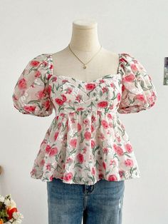 Puff Sleeve Peplum Top, Dress With Blouse On Top, Casual Peplum Top Outfits, Printed Top Designs For Women, Casual Summer Tops For Women, Elastic Tops For Women, Cute Peplum Tops, Cute Summer Outfits Vacation, Types Of Materials For Clothes