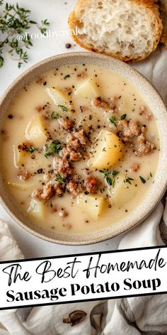 Bowl of sausage potato soup, a hearty and comforting choice for holiday dinners. Crockpot Dinner Soup, Heavy Soup Recipes, Old Fashion Soups, Wedding Day Soup, Easy Sausage Soup Recipes, Soups Using Leftover Ham, Sandwich With Soup, Soups For Two People, Family Friendly Soup