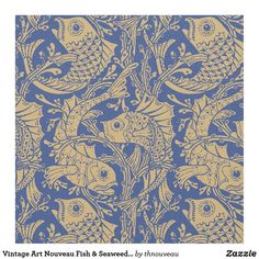 a blue and gold wallpaper with fish on it's back ground, in the middle