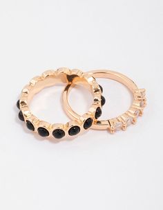 Embellish your look with these simple stacking rings! This dainty duo includes two gorgeous, gold-toned bands adorned with black and crystal diamantes for a two-toned inspired look. Layer them stacked ontop of each other for a curated finish. Material: Crystal Dimensions: Diameter 18.5mm x Band Width 4mm | Lovisa Gold Rounded Band Stacking Rings, Size: Medium/Large, Black Elegant Black Metal Midi Rings, Simple Stacking Rings, Favorite Rings, Stacking Rings, Ring Necklace, Large Black, Two Tone, Ring Size, Product Launch