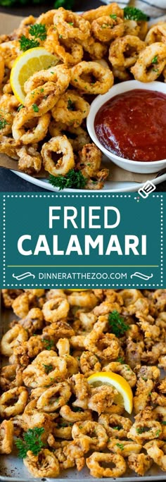 fried calamari on a platter with sauce and lemon wedges in the background