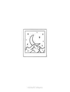 a black and white drawing of a mountain with a half moon in the sky above it