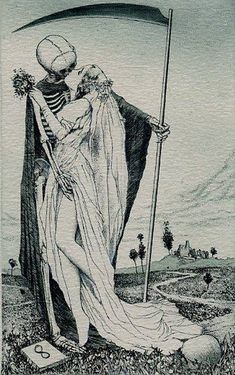 a drawing of a skeleton standing next to a woman with a flag in her hand