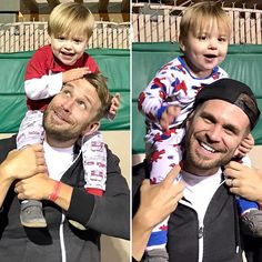 a man holding a little boy in his arms at a tennis match, and then showing him how to tie the child's hair