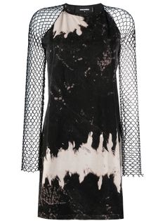 black/white stretch-cotton tie-dye pattern round neck long sheer sleeves thigh-length Black White Tie Dye Dress, Tie Dye Sheer Top, Tie Dye Runway, Flowy Hand-dyed Tie Dye Dresses, Tye Dye Fashion Runway, Tie Dye Mini Dress, Shirt Dress Style, City Dress, Mini Robes