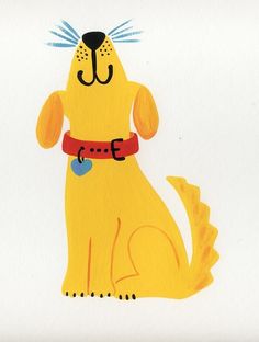 a drawing of a yellow dog wearing a red collar