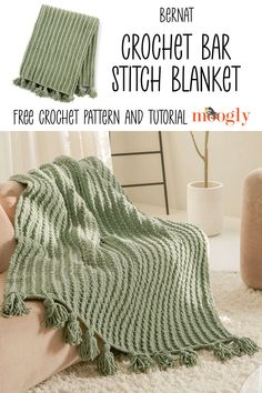 the crochet bar stitch blanket is shown in green