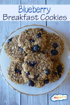 blueberry breakfast cookies on a plate with text overlay that reads, blueberry breakfast cookies