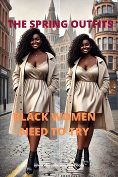 A curvy black woman with long curly hair wears a stone-colored slip dress with a matching colored trench coat and black ankle boots. Spring Outfits, Black Women, Black