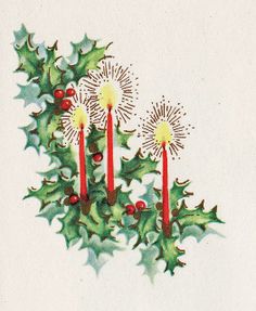 a christmas card with three candles and holly wreaths on the front, one lit