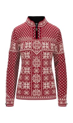 a women's red and white sweater with an intricate pattern on the chest, long sleeves