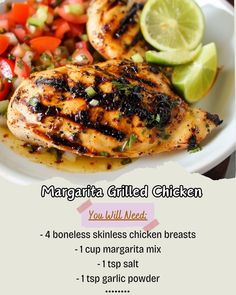 Marinated in zesty margarita mix and seasoned to perfection this grilled chicken is juicy, tender, and bursting with citrusy flavor.\nServe it alongside homemade pico de gallo for a fresh and vibrant dish thats perfect for any outdoor barbecue or weeknight dinner. \nIngredients\nMarinade\nMargarita mix\nChicken breast\nMustards\nHerbs \nInstructions\nGrill the chicken \nBBQ with a side of homemade pico de gallo \nWeeknight dinner ready\n#MargaritaGrilledChicken #GrilledChicken #BBQDish Margarita Grilled Chicken, Mix Grill, Homemade Pico, Marinate Chicken, Grilled Chicken Recipe, Dinner Ingredients, Marinating Chicken Breast, Bbq Dishes, Chicken Bbq