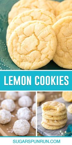 lemon cookies with sugar on top and in the background, there are pictures of them