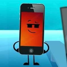 an animated cell phone with glasses on its face and arms, standing in front of a computer screen