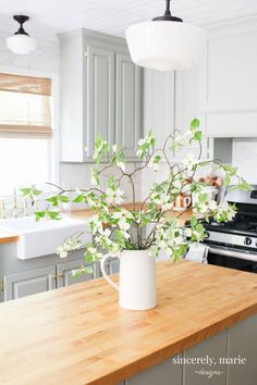 a vase with some flowers in it sitting on a kitchen counter