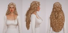 three different views of a woman's long blonde hair and white dress with red lips