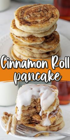 cinnamon roll pancakes with icing on a white plate