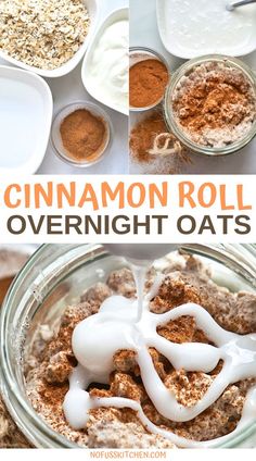 cinnamon roll overnight oats in a glass bowl