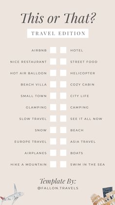 a travel checklist with an airplane flying over it and the words, this or that?