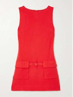 STAUD Sheila buckle-embellished twill mini dress | NET-A-PORTER Chic A-line Mini Dress By Staud, Mod Mini Dress For Work, Retro Cocktail Mini Dress, Staud Fitted Mini Dress, Fitted Sleeveless Mini Dress By Staud, Red A-line Mod Dress, Staud Summer Mini Dress, Staud Sleeveless Mini Dress, Retro Red Dress For Work