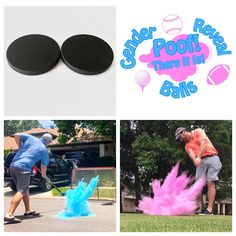 three different pictures with some people playing and one has pink and blue powder on it