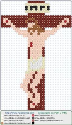 the cross is made out of beads and has an image of jesus on it's chest